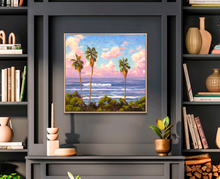 Load image into Gallery viewer, Framing ideas for above the mantel piece. Cardiff reef morning surf in a simple floater frame on gray wall.