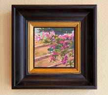 Load image into Gallery viewer, Bougainvillea draped over a split rail fence. Oil on Canvas Board 6" x 6"