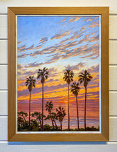 Load image into Gallery viewer, Cardiff by the Sea sunset painting with palm trees and surf.