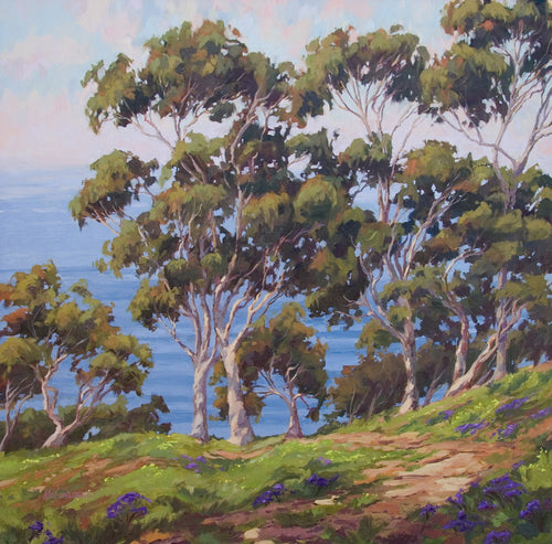 Eucalyptus and ocean in an impressionistic original oil painting by Jim McConlogue