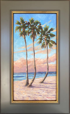 


Painting of three palm trees on a beach with a blue sky and ocean.