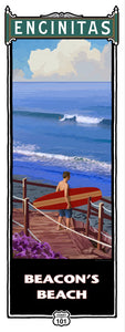 Beacon's Beach Poster. 14" x 36" surfer walking down the path toward the beach.