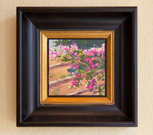 Load image into Gallery viewer, Bougainvillea draped over a split rail fence. Oil on Canvas Board 6&quot; x 6&quot;

