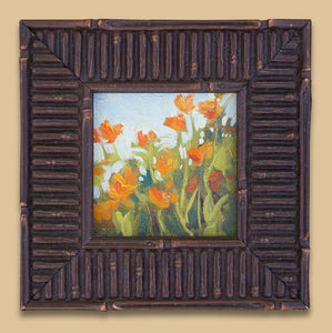 A small 4" x 4" oil study of a group of California Poppies. Framed in a wood slatted frame.