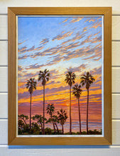 Load image into Gallery viewer, Cardiff by the Sea sunset painting with palm trees and surf.
