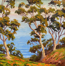 Load image into Gallery viewer, The hills above La Jolla Shores, California. Oil on canvas board of Eucalyptus trees and California poppies.
