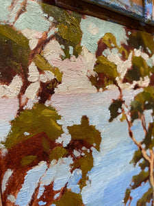The hills above La Jolla Shores, California. Oil on canvas board of Eucalyptus trees and California poppies.