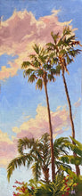 Load image into Gallery viewer, Oil painting of Palms with a setting sun. 7&quot; x 17.5&quot;
