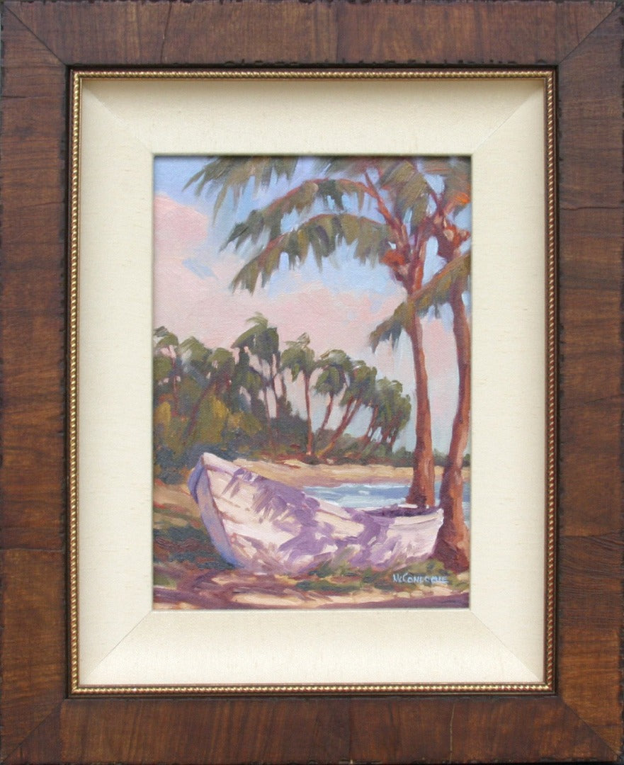 A ponga rest on the shore under the dappled light of palm trees. Tropical oil painting.
