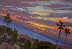 Sunset oil painting over the rooftops of Encinitas, California