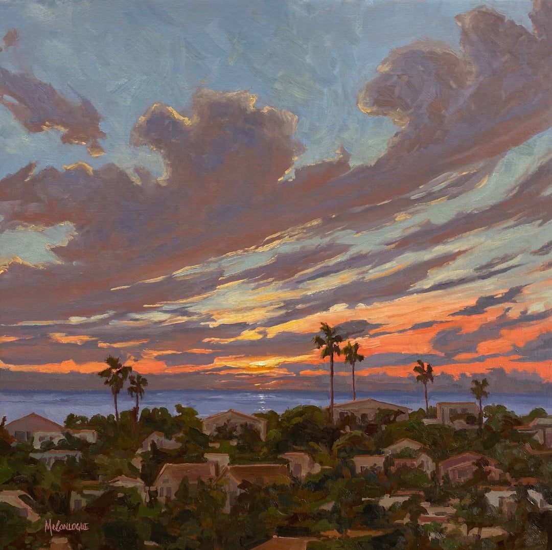 Sunset oil painting over the rooftops of Encinitas, California